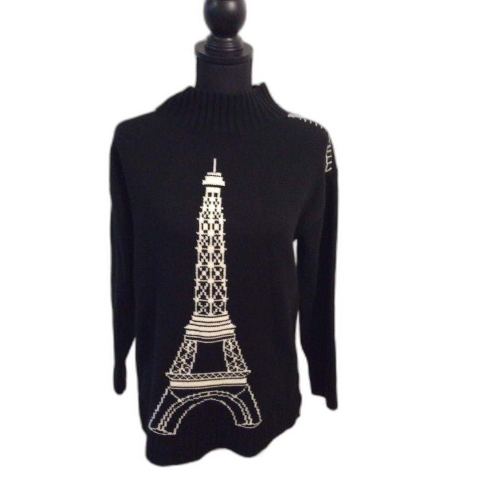 Karl Lagerfeld Paris Women's black Mock Neck Sweater Eifel Tower Small S